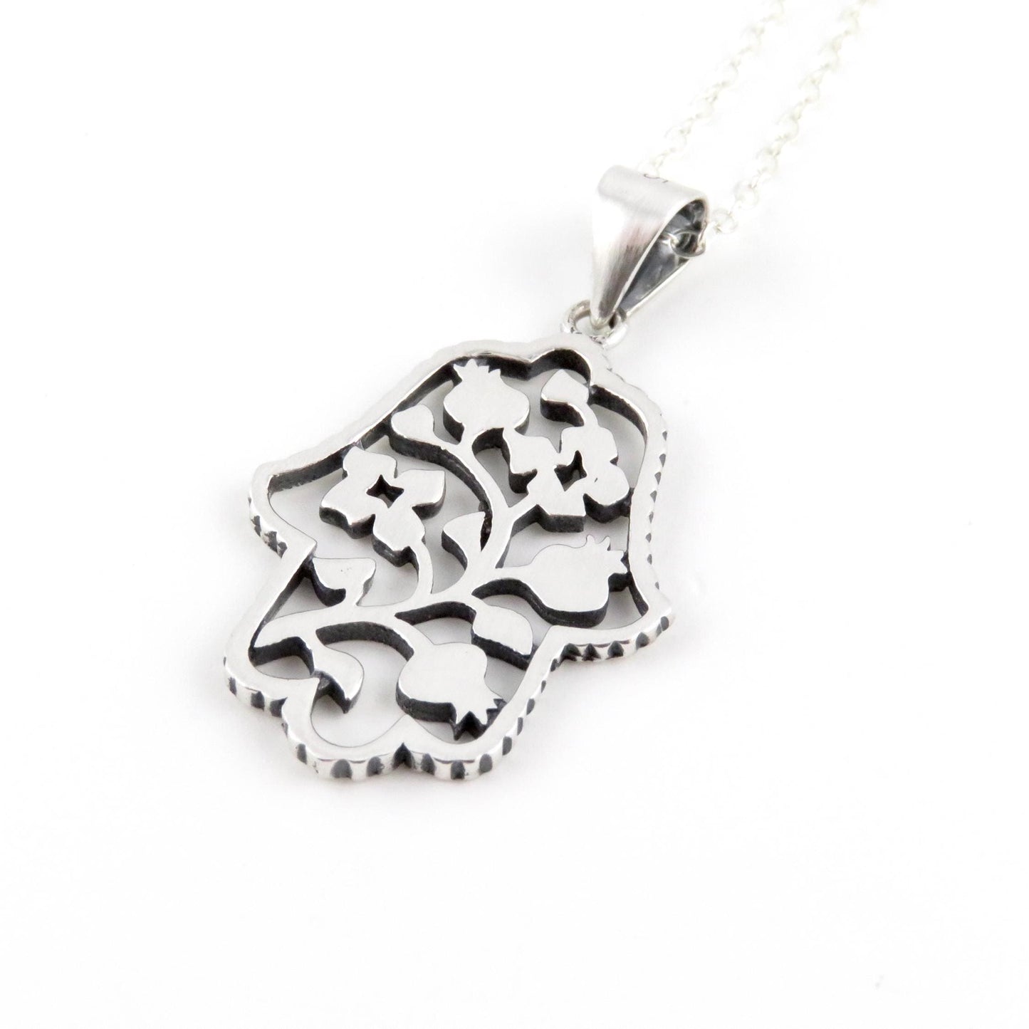 Sterling Hamsa Necklace | Silver Hamsa Pomegranate Pendant | Sterling Hand Necklace | Hamsa Pomegranate Vine Pendant | Sterling Hand Charm