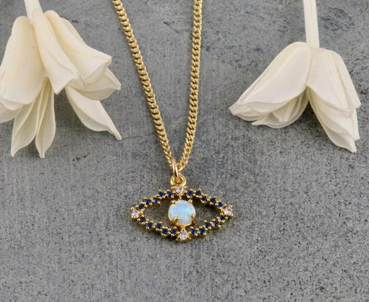 Gold Evil Eye Necklace | Gold Opal Eye Necklace | Gold CZ Opal Evil Eye | Goldfilled Evil Eye Pendant | Sparkly Eye Necklace | Blue Opal Eye