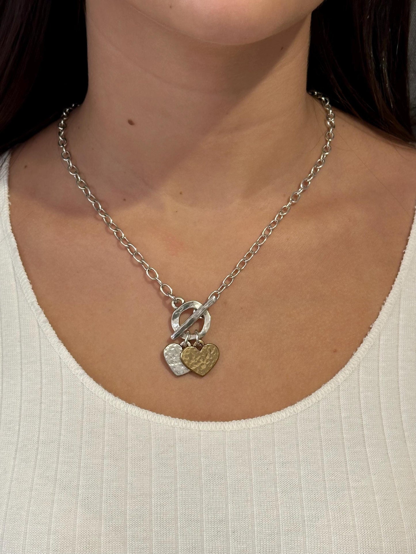 Mixed Metal Flat Hearts Duo Necklace