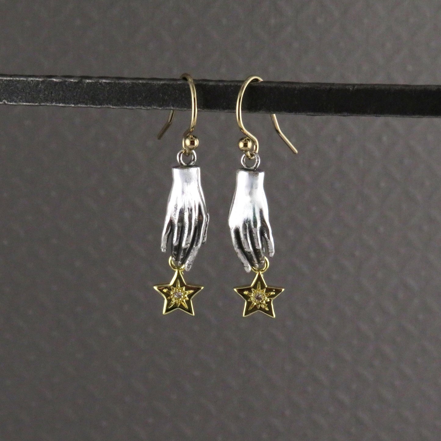 Silver Hand Earrings | Hand and Star Earrings | Reach for the Stars Earrings | Mixed Metal Earrings | Sterling Hand Gold Star Earrings