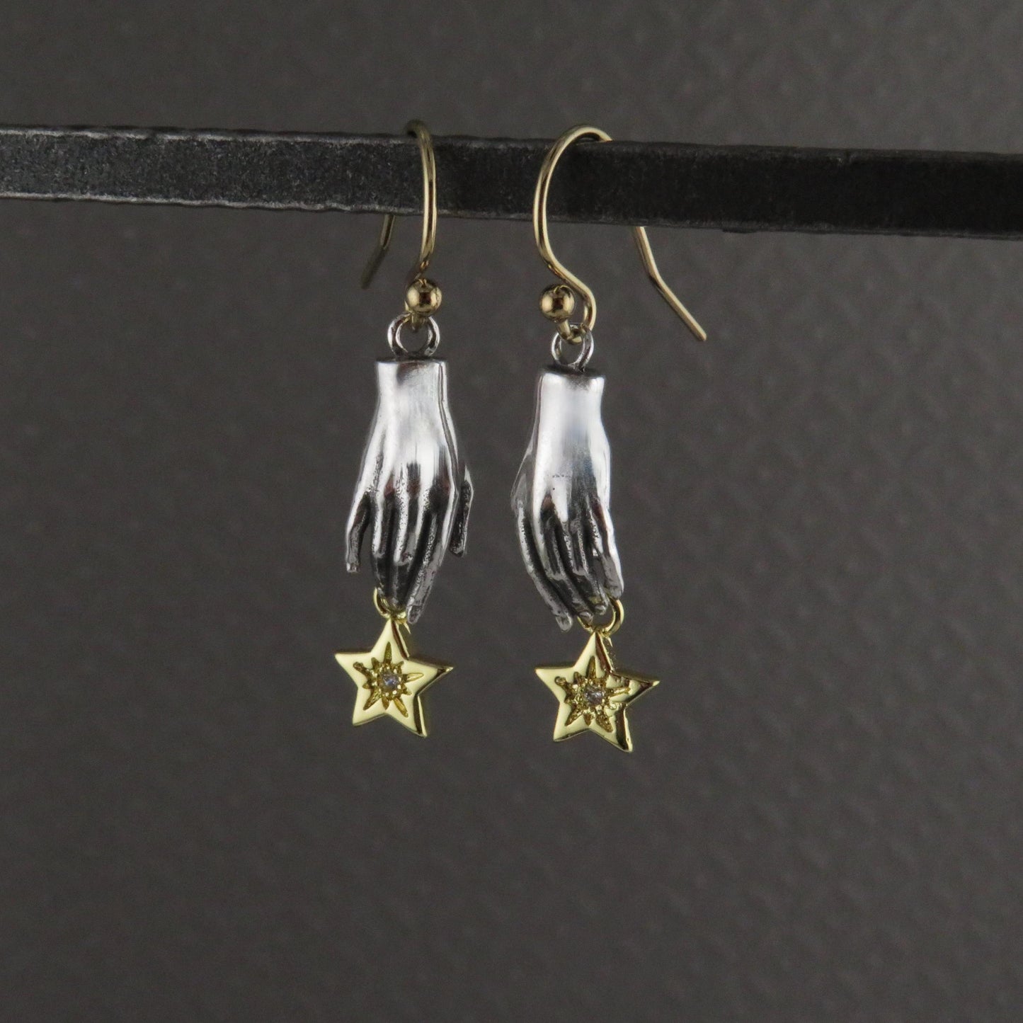 Silver Hand Earrings | Hand and Star Earrings | Reach for the Stars Earrings | Mixed Metal Earrings | Sterling Hand Gold Star Earrings