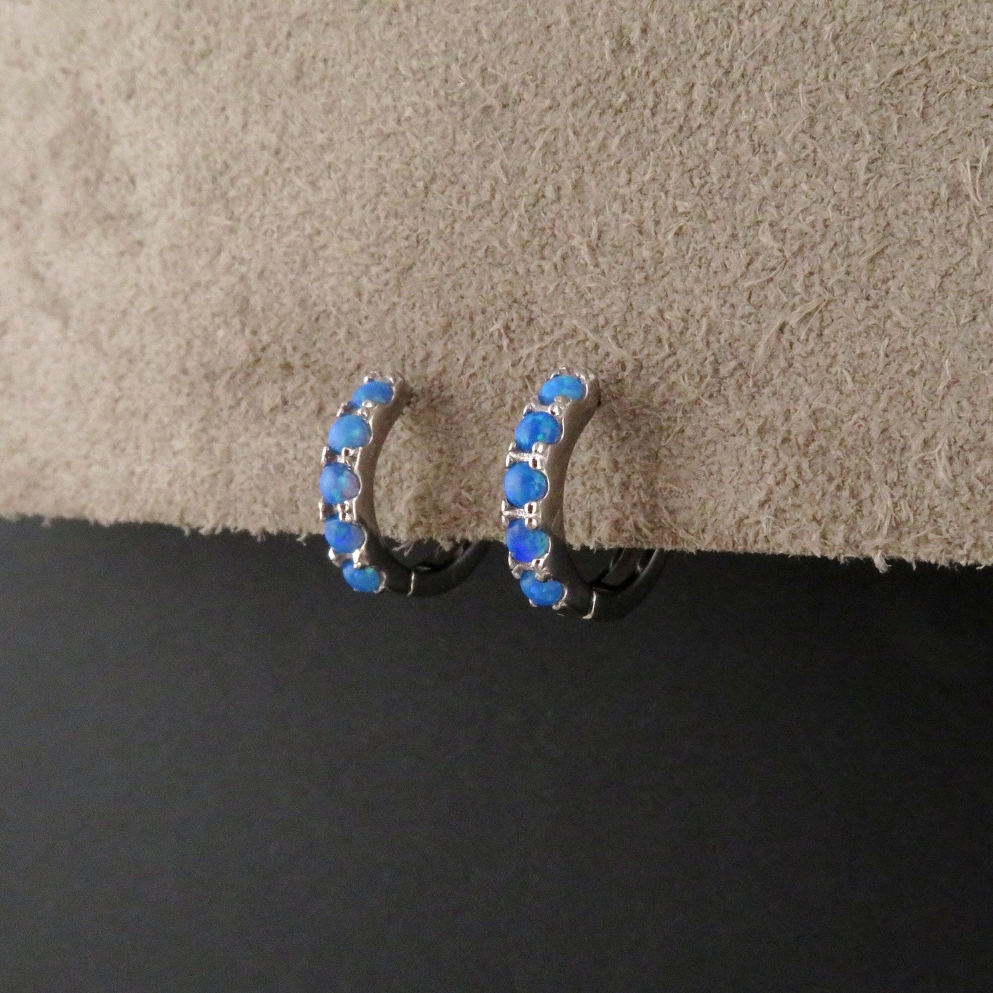 Silver Blue Opal Hoops | Sterling Opal Hoop Earrings | Silver Blue Opal Clicker Hoops | Lab Opal Hoops | Sterling Simple Opal Hoop Earrings