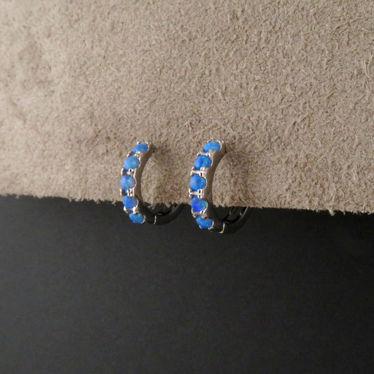 Silver Blue Opal Hoops | Sterling Opal Hoop Earrings | Silver Blue Opal Clicker Hoops | Lab Opal Hoops | Sterling Simple Opal Hoop Earrings