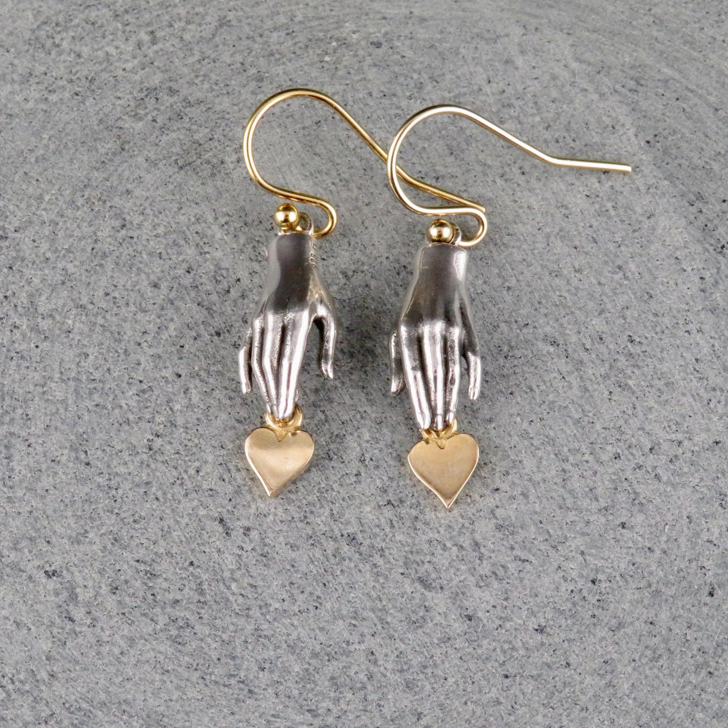 Silver Hand Earrings | Hand and Heart Earrings | Reach for Love Earrings | Mixed Metal Earrings | Sterling Hand Gold Heart Earrings