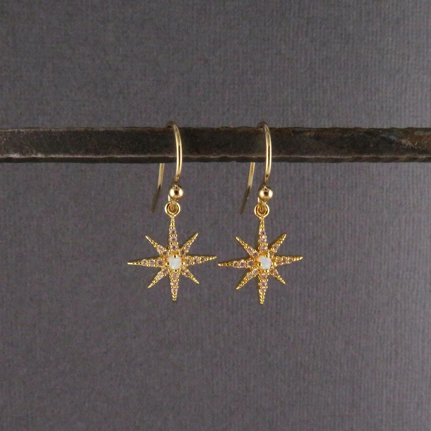 Delicate Star Opal Earrings | Gold Opal Starburst Earrings | Gold Opal Earrings | Opal CZ Earrings | White Opal Star Earring | Spiked Stars