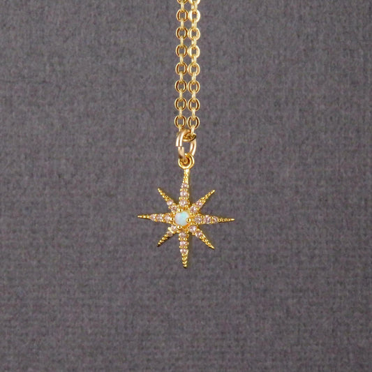 Delicate Star Opal Necklace | Gold Opal Starburst Necklace | Gold Opal Charm | Opal CZ Necklace | White Opal Star Necklace