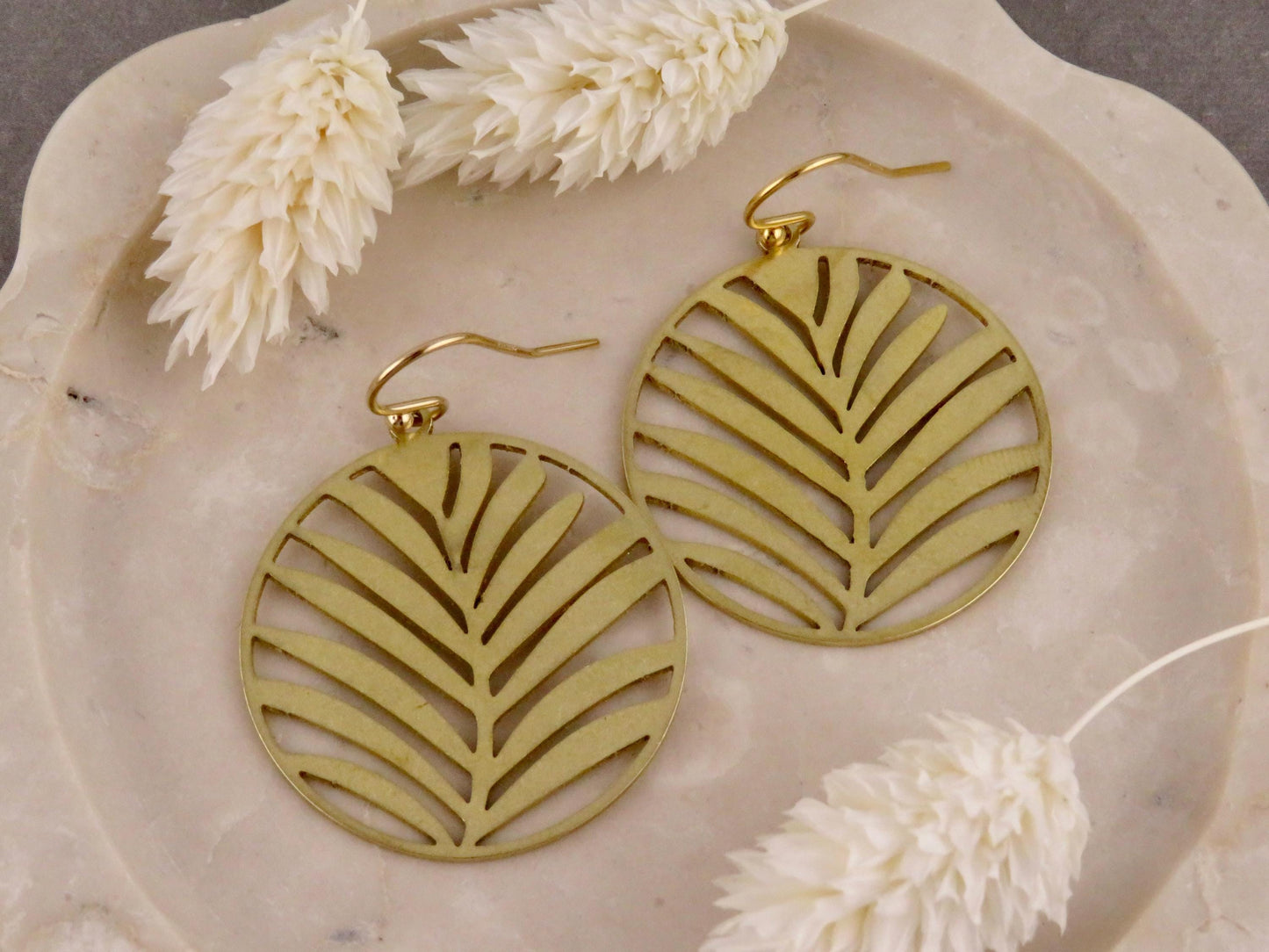 Gold Leaf Earrings | Lightweight Gold Earrings | Gold Laser Cut Palm Leaf Earrings | Gold Palm Leaves Earrings | Open Nature Earrings