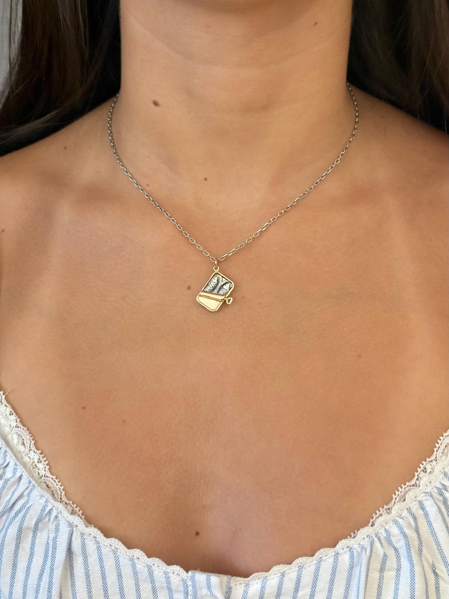Sardines Necklace | Tin of Sardines Charm | Sterling Fish Necklace | Mixed Metal Sardines Pendant | Two Tone Tin of Sardines | Sardine Lover