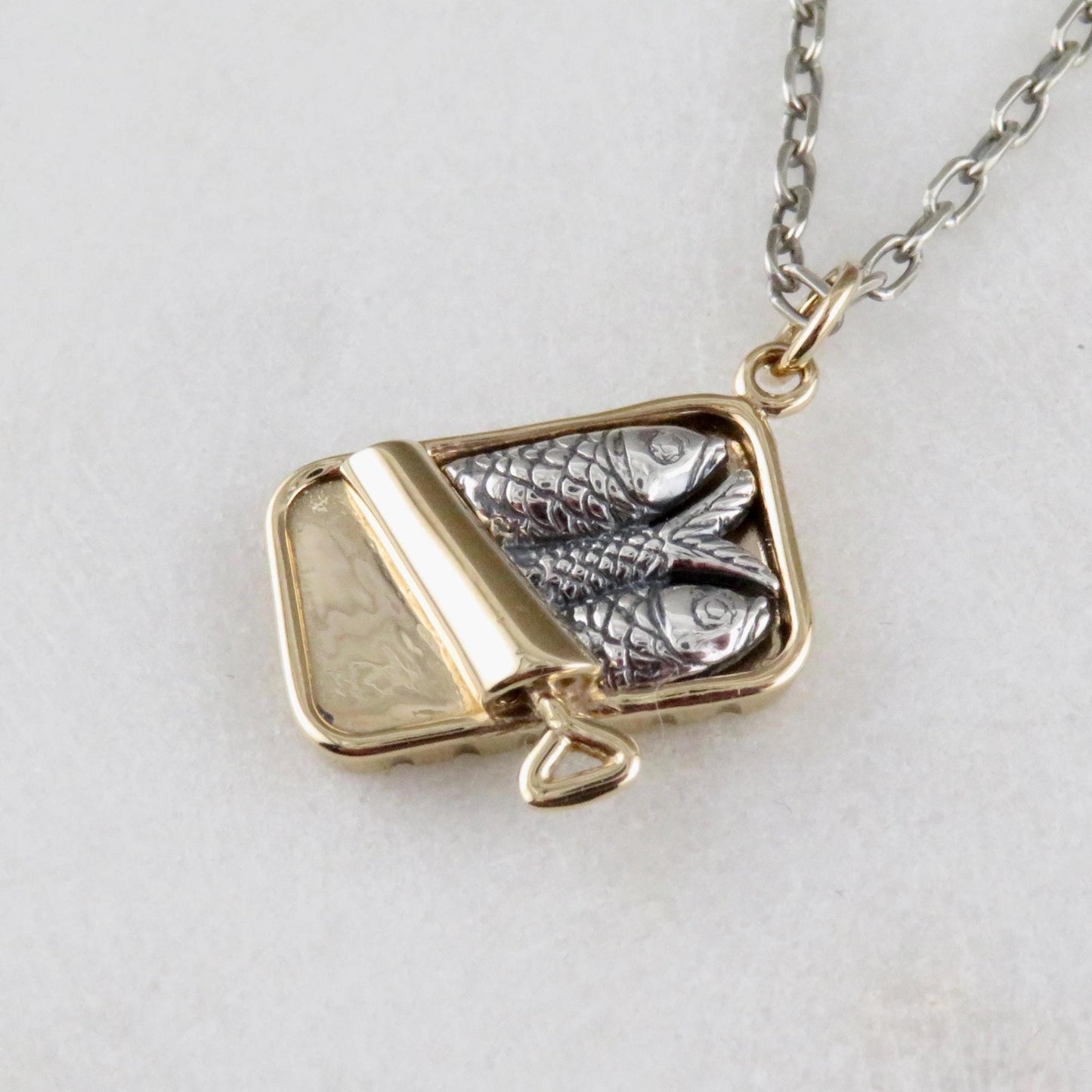 Sardines Necklace | Tin of Sardines Charm | Sterling Fish Necklace | Mixed Metal Sardines Pendant | Two Tone Tin of Sardines | Sardine Lover