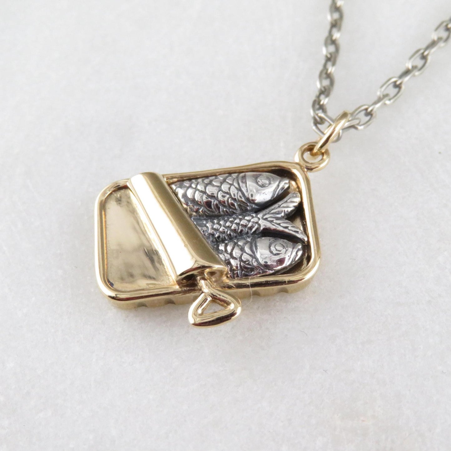 Sardines Necklace | Tin of Sardines Charm | Sterling Fish Necklace | Mixed Metal Sardines Pendant | Two Tone Tin of Sardines | Sardine Lover