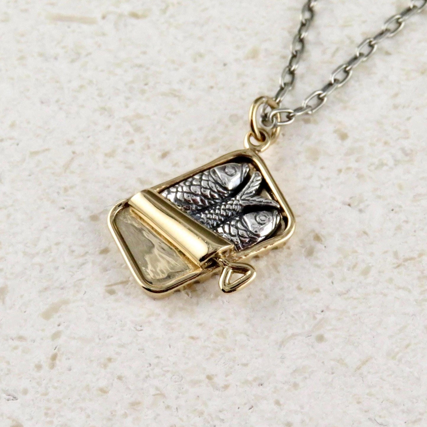 Sardines Necklace | Tin of Sardines Charm | Sterling Fish Necklace | Mixed Metal Sardines Pendant | Two Tone Tin of Sardines | Sardine Lover
