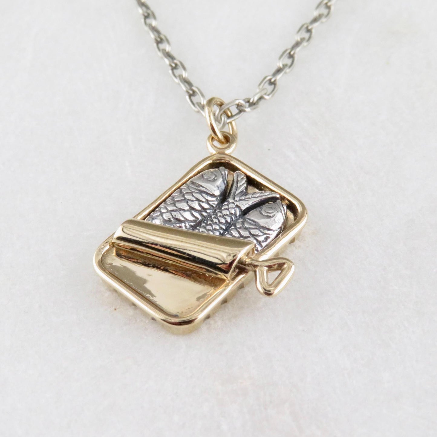 Sardines Necklace | Tin of Sardines Charm | Sterling Fish Necklace | Mixed Metal Sardines Pendant | Two Tone Tin of Sardines | Sardine Lover