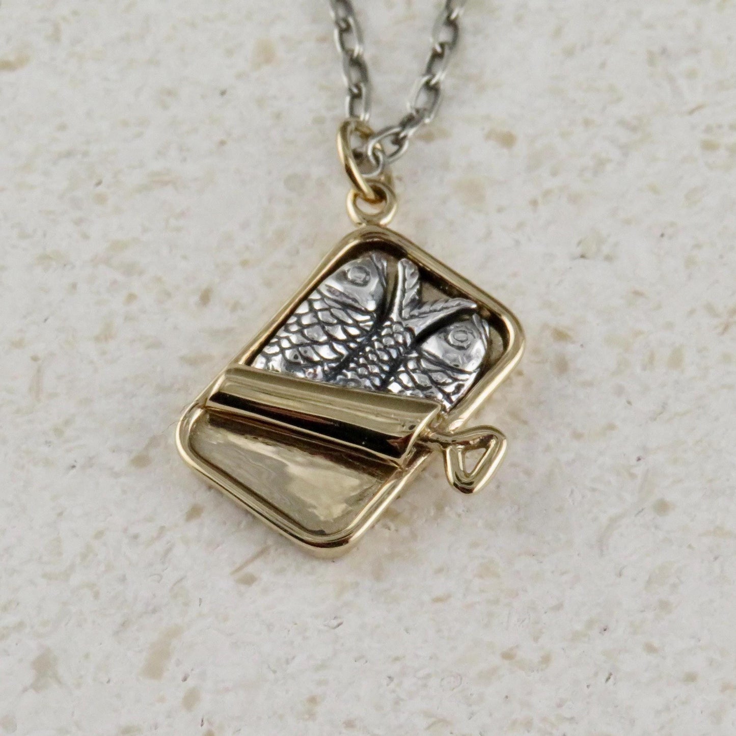 Sardines Necklace | Tin of Sardines Charm | Sterling Fish Necklace | Mixed Metal Sardines Pendant | Two Tone Tin of Sardines | Sardine Lover