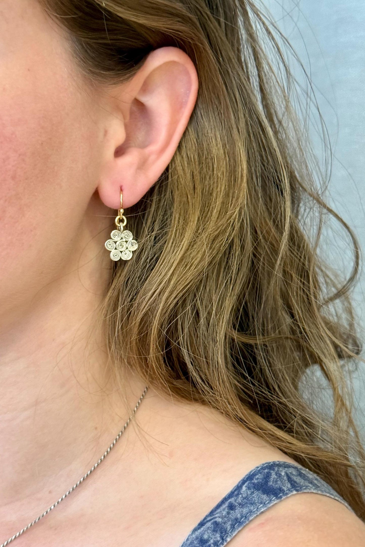 Sterling Spiral Earrings | Mixed Metal Earrings | Silver Flower Earrings | Flower Spirals | Geometric Earrings