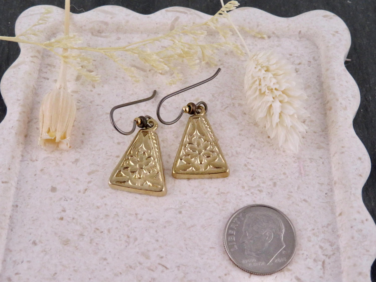 Gold Nature Earrings | Bronze Floral Pendants | Gold Rustic Hoop Earrings | Triangle Earrings Unique | Organic Design