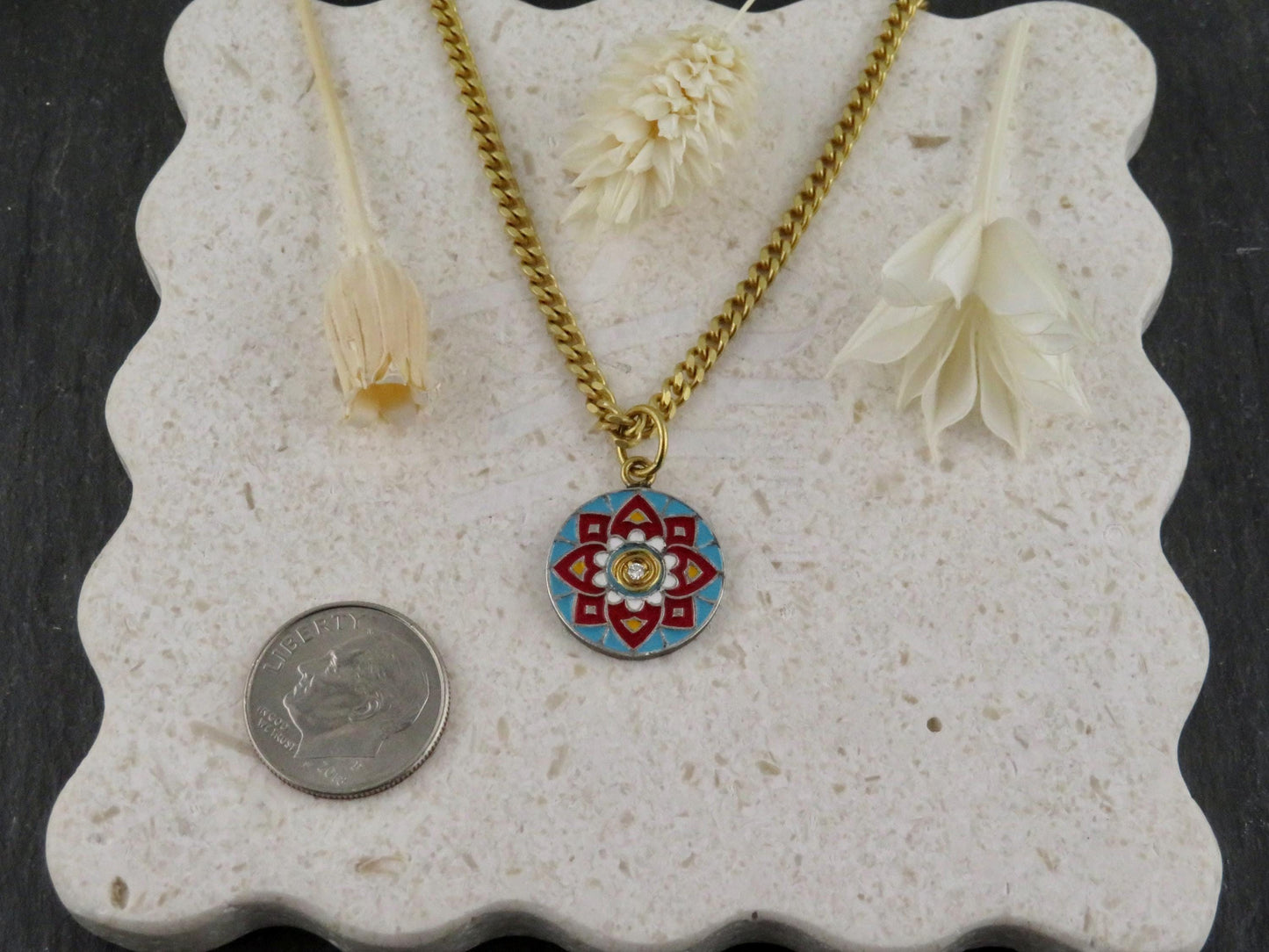 Gold Vintage Enamel Pendant | Red Blue Pendant | Unique Mandala Necklace | Vintage Geometric Enamel Gold