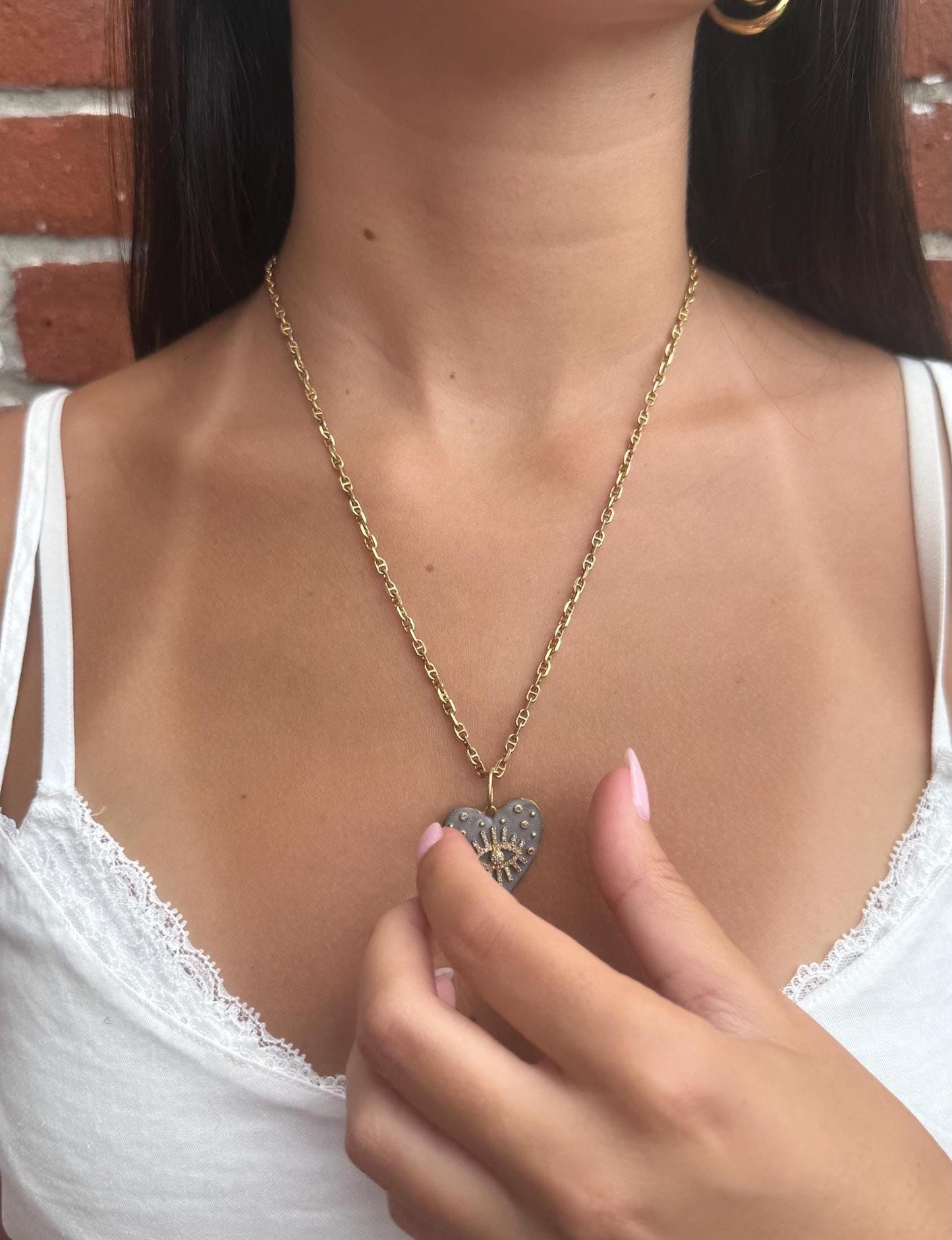 Mixed Metal Heart Medallion | Gold Silver Necklace | Diamond Evil Eye Necklace | Rough Eye Heart Medallion