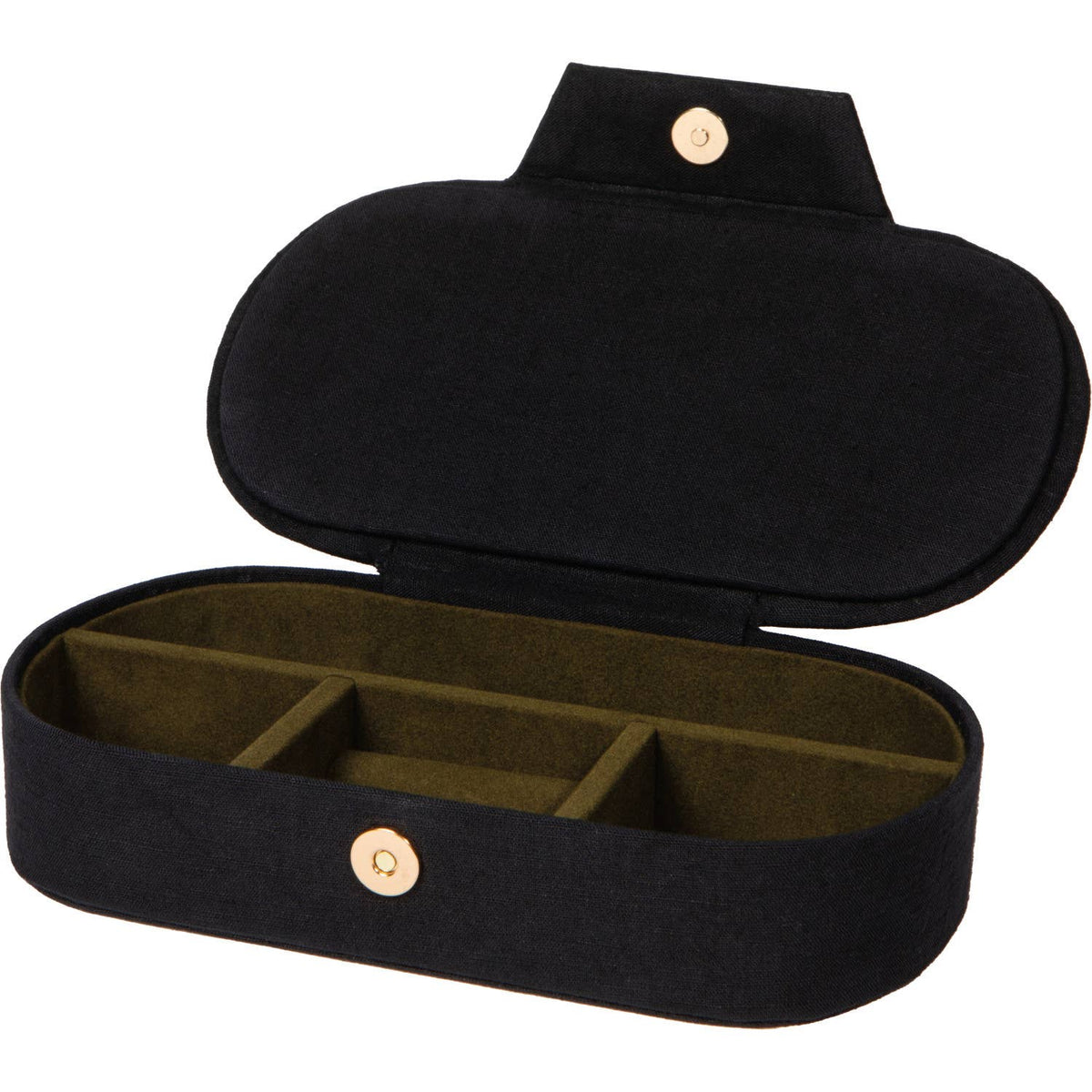 Open black Amulet Embroidered Jewelry Box - Black/Pink with a hinged lid, gold-tone snap closure, and olive green velvet interior divided into three sections.
