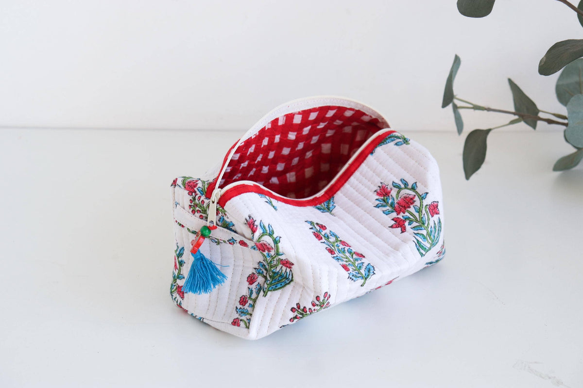 Quilted Block Print Cosmetic Organizer Pouch - White Floral