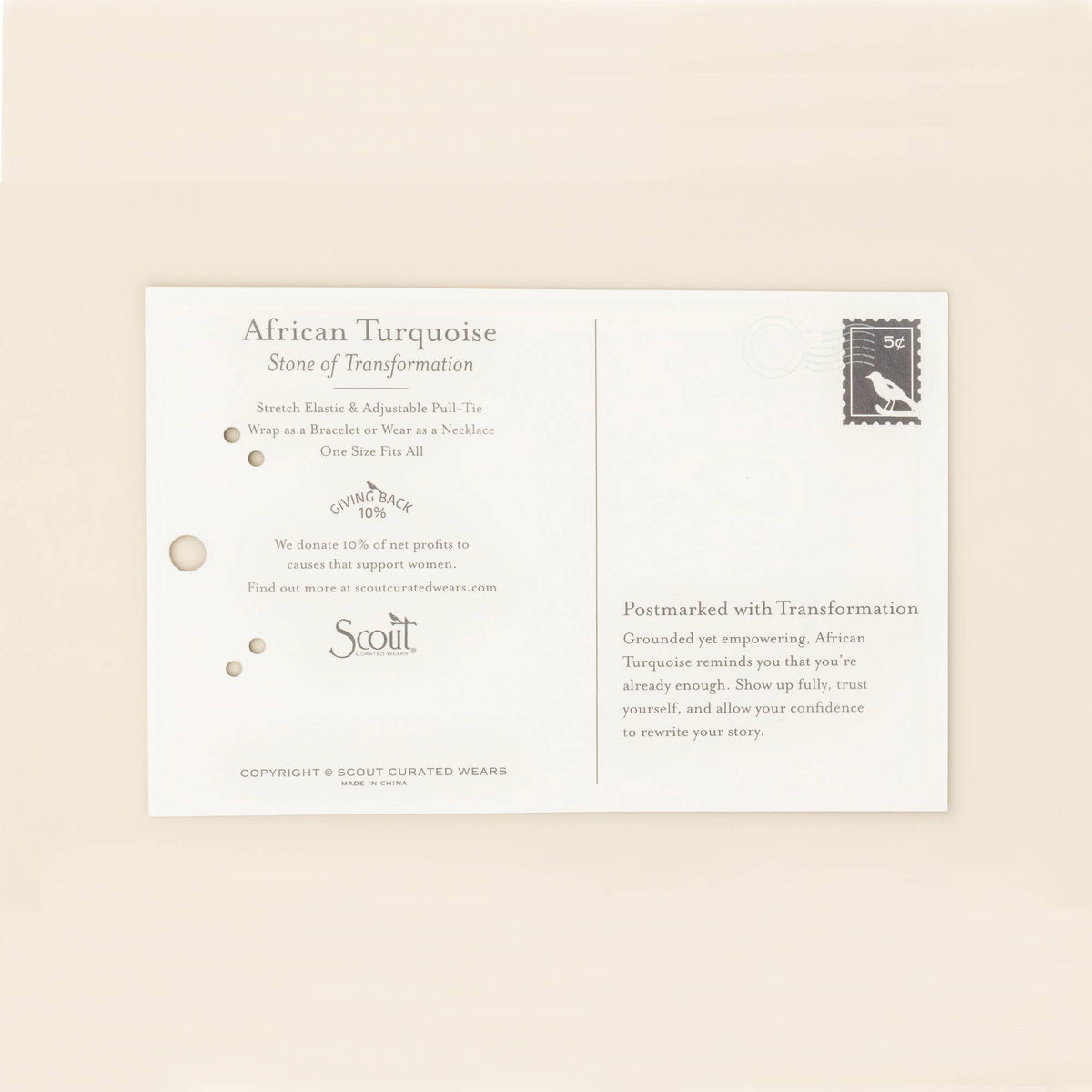 A postcard features information about the Mixed Media Wrap Bracelet/Necklace - Transformation/African Turquoise from Scout Curated Wears, highlighting African Turquoise as the Stone of Transformation and including details about its design with Miyuki Beads. The card also displays a stamp and the Scout Curated Wears logo set against a cream background.