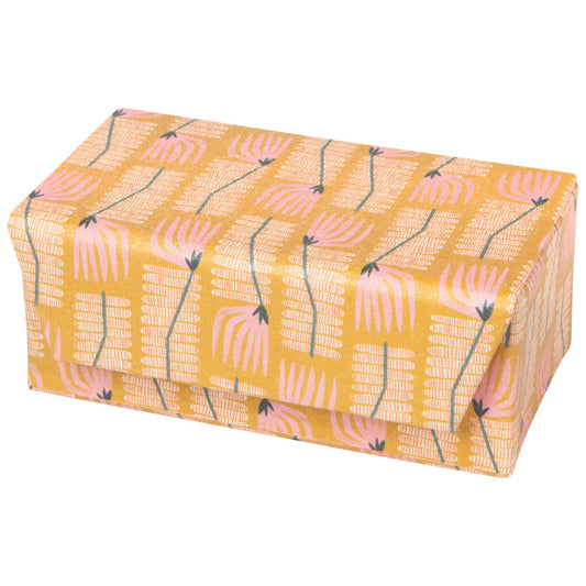 Rectangular Venus Travel Jewelry Case - Orange/Pink by Danica Studio with a yellow background patterned with stylized pink flowers and green vertical lines.