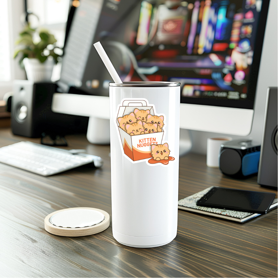 A white tumbler with a straw features a 3-inch waterproof Kitten Chicken Nuggets Sticker by Mystical Monkey Toes, showing cartoon kittens in a takeout box. A computer and keyboard are in the background.