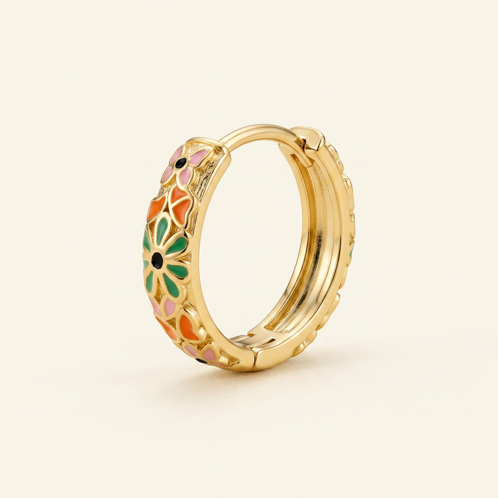 Floral Enamel Huggie Hoop Earrings - Orange - GF