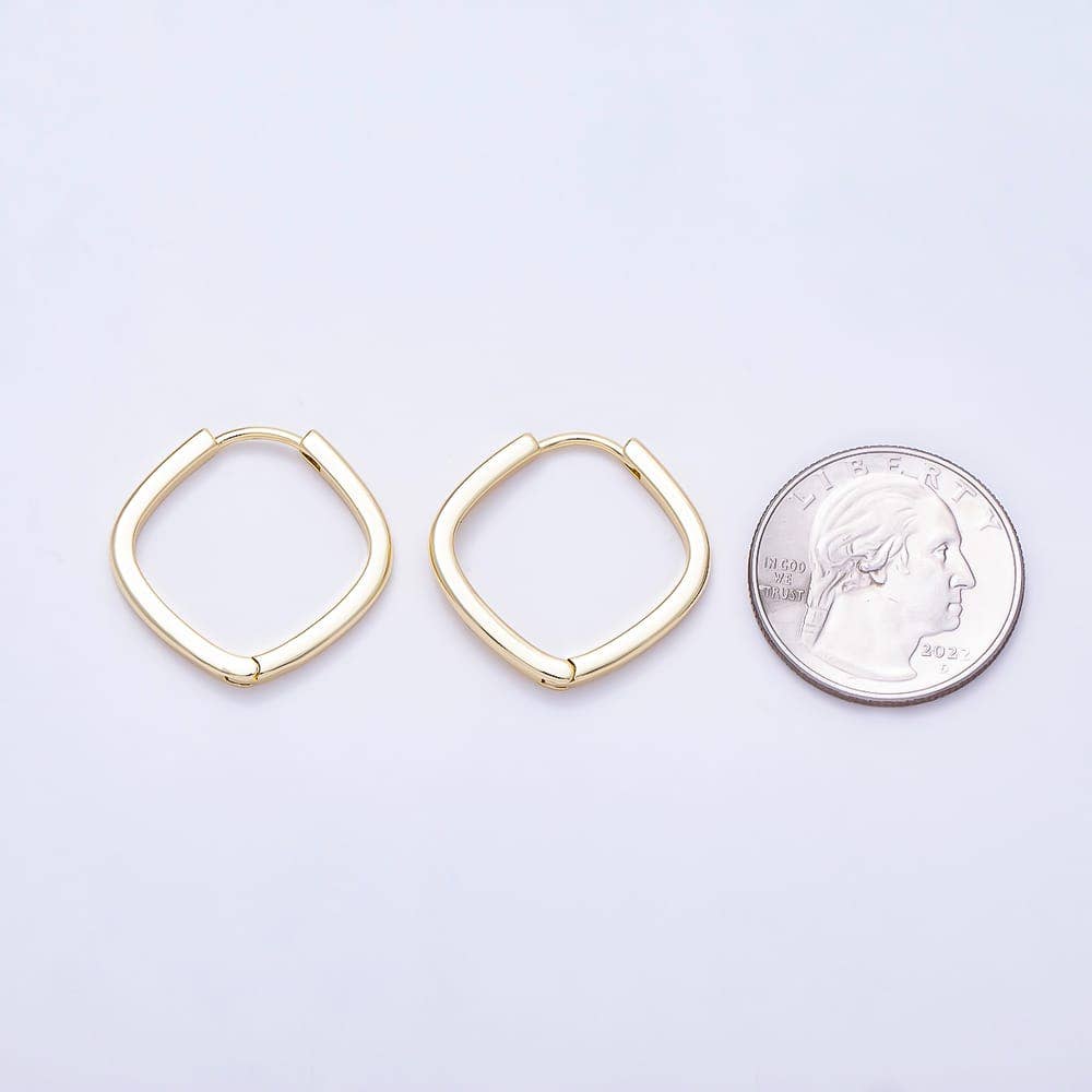 Aim Eternal Gold Filled 25mm Square Huggie Hoop Earrings displayed next to a U.S. quarter for scale.