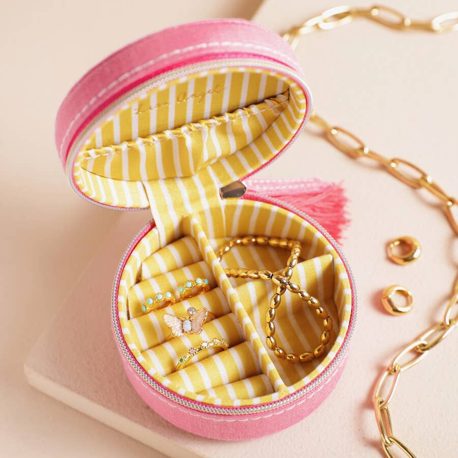 Strawberry Embroidered Travel Round Jewelry Case in Pink