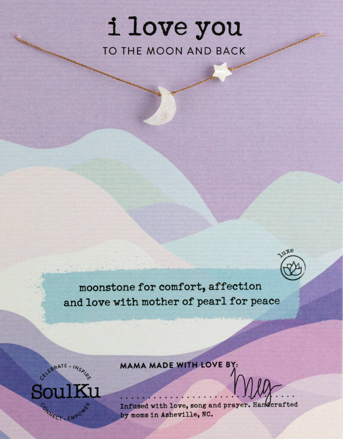 A delicate handmade SoulKu Moonstone I Love You To The Moon & Back necklace featuring a moon and star charm, displayed on a card printed with the words I LOVE YOU TO THE MOON AND BACK.
