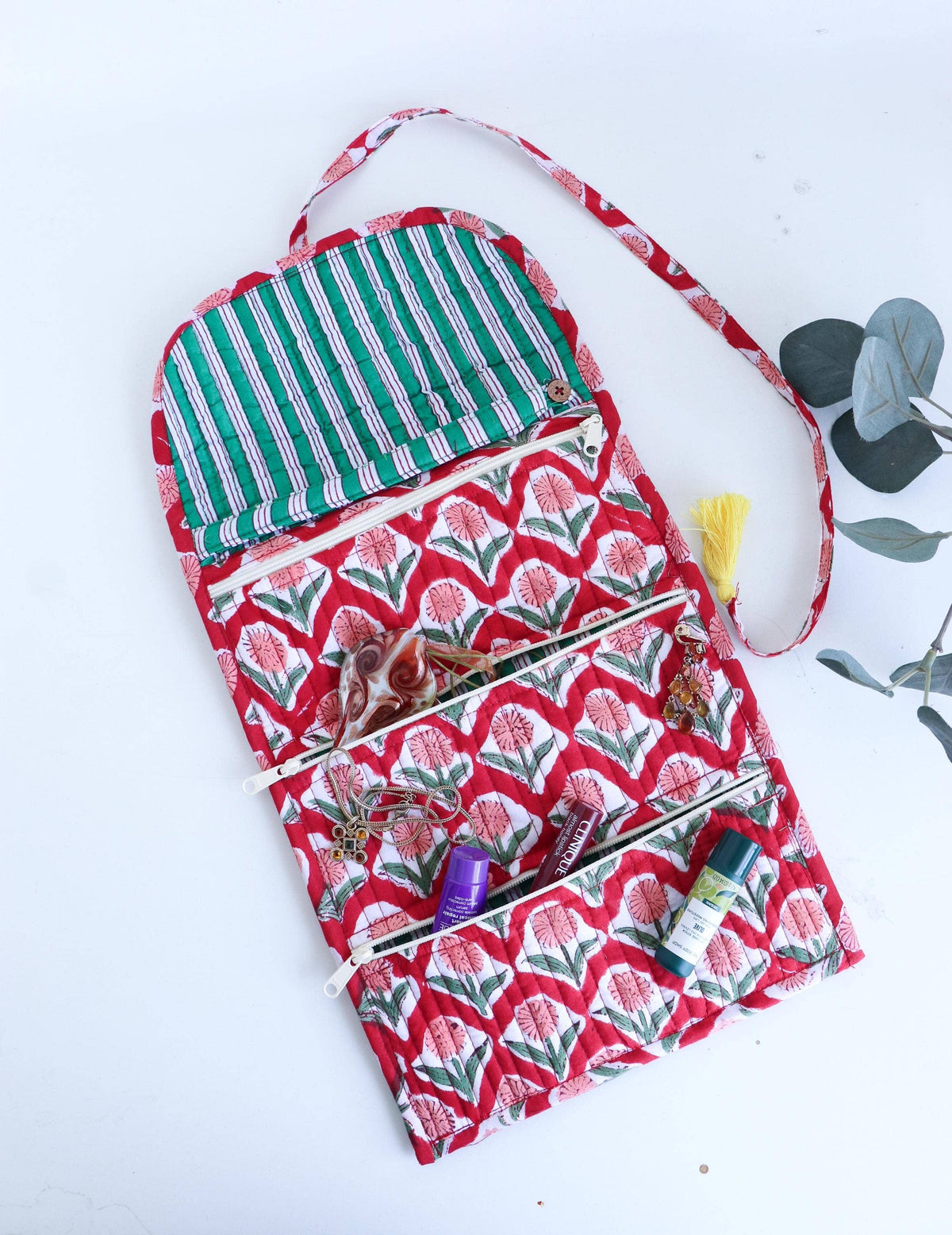 Cotton Jewelry Roll with Zipper Pockets and Brush Case - Red Floral