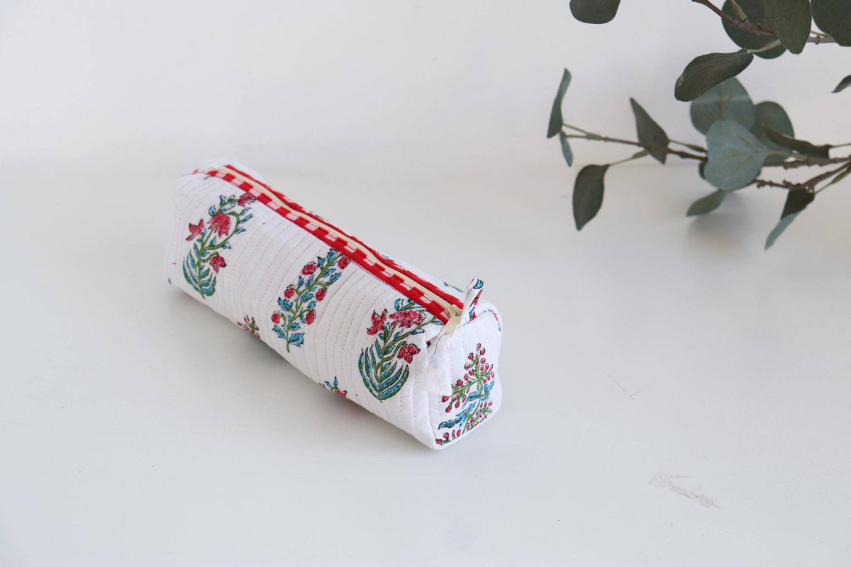 Cotton Block Print Pouch Organizer - SM - White Floral