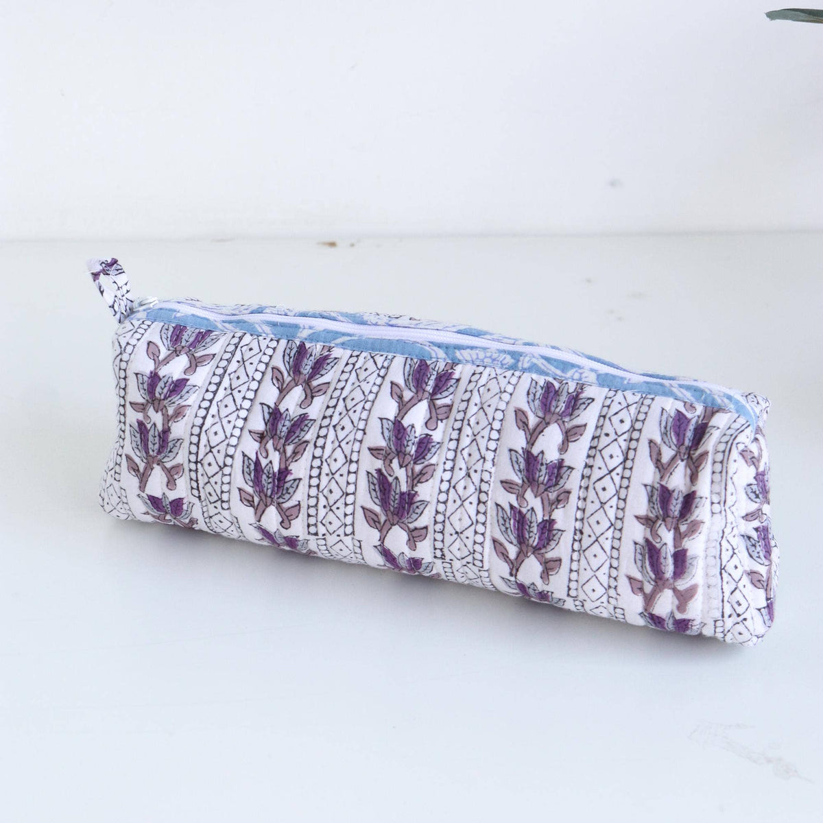 Cotton Block Print Pouch - SM - Purple Floral