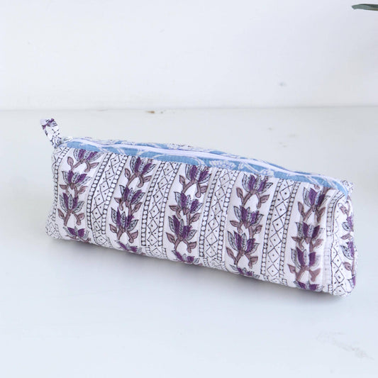 Cotton Block Print Pouch - SM - Purple Floral