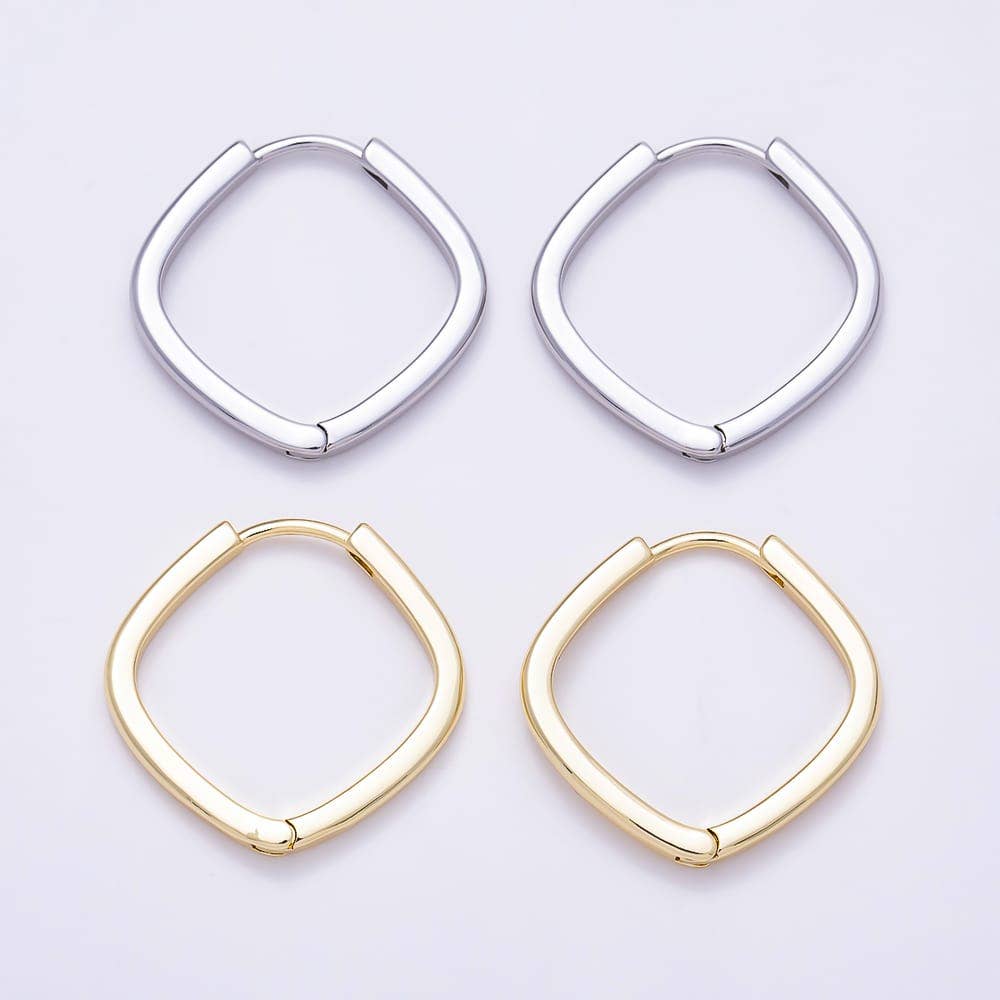 Two pairs of Aim Eternal Gold Filled 25mm Square Huggie Hoop Earrings, one silver and one gold-filled.
