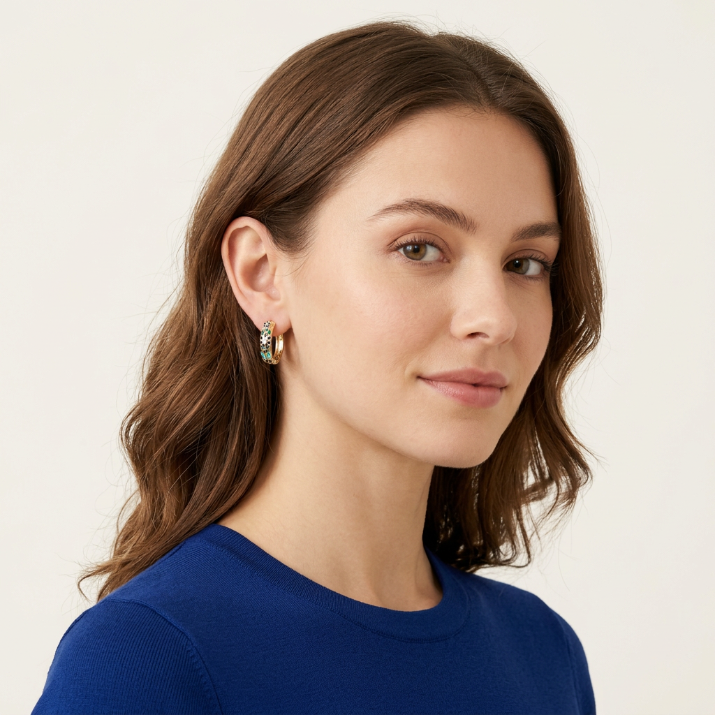 Floral Enamel Huggie Earrings - Blue - GF