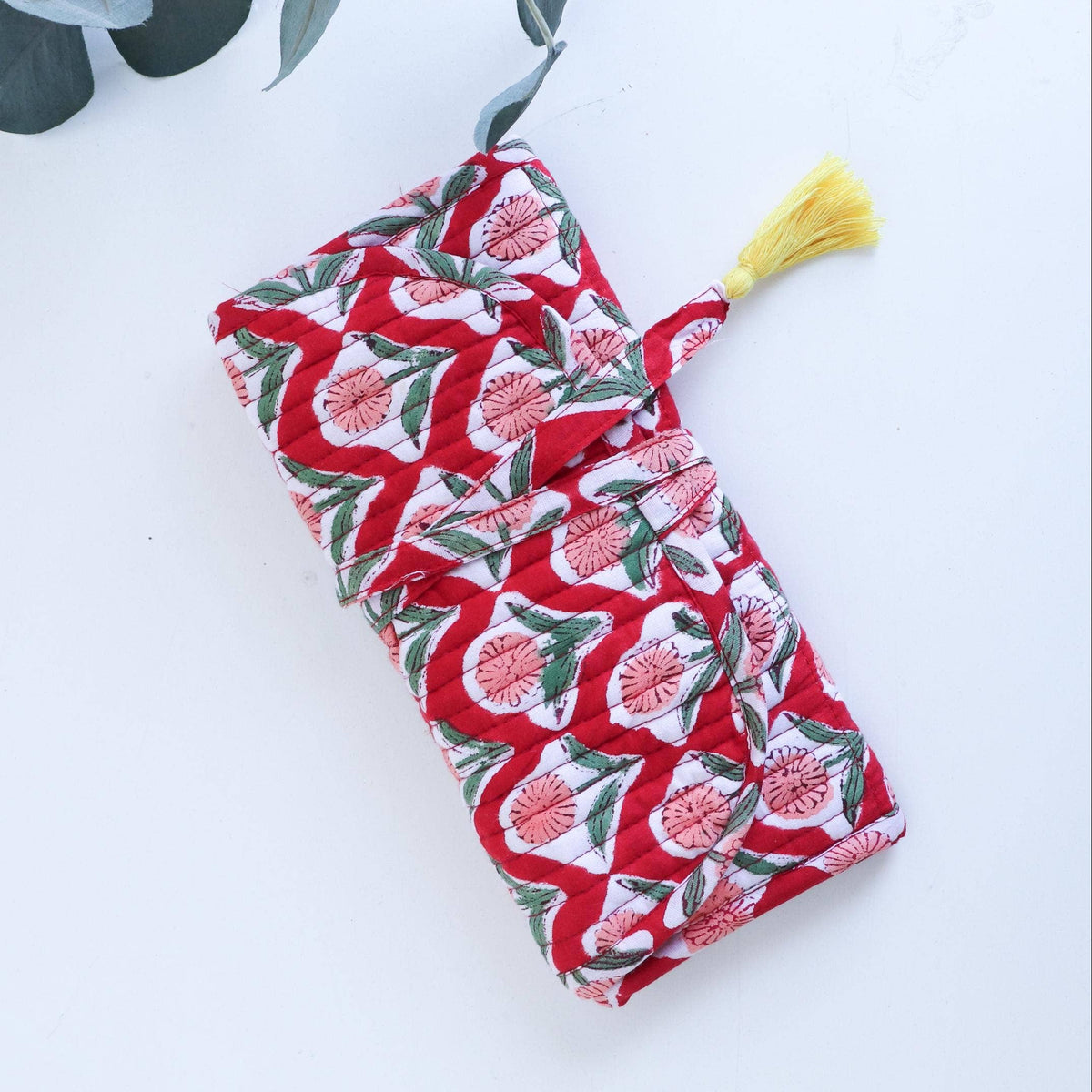 Cotton Jewelry Roll with Zipper Pockets and Brush Case - Red Floral