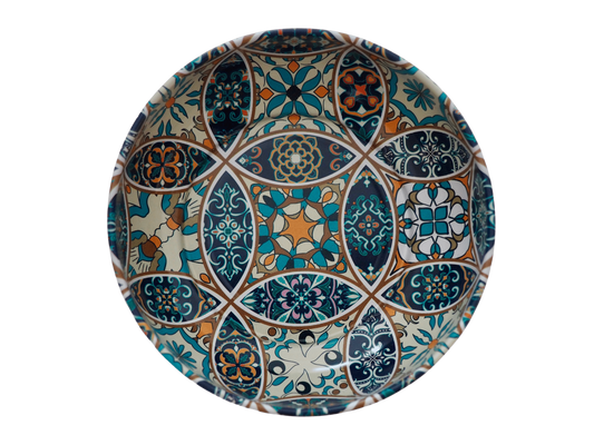 The Mini Metal Serving Bowl - Ada Pattern by Esthetic Living features an intricate geometric and floral mosaic design in vibrant blue, teal, orange, and white hues.