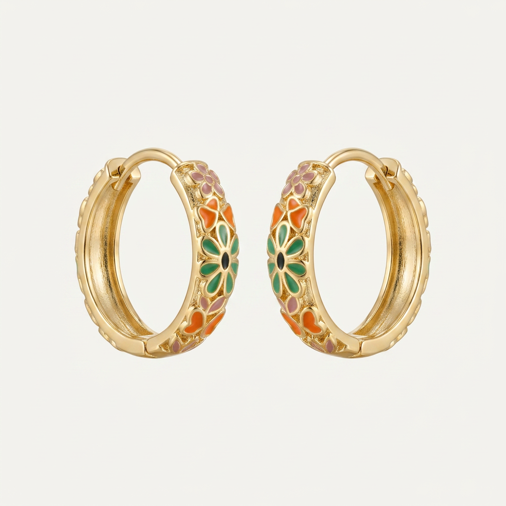 Floral Enamel Huggie Hoop Earrings - Orange - GF