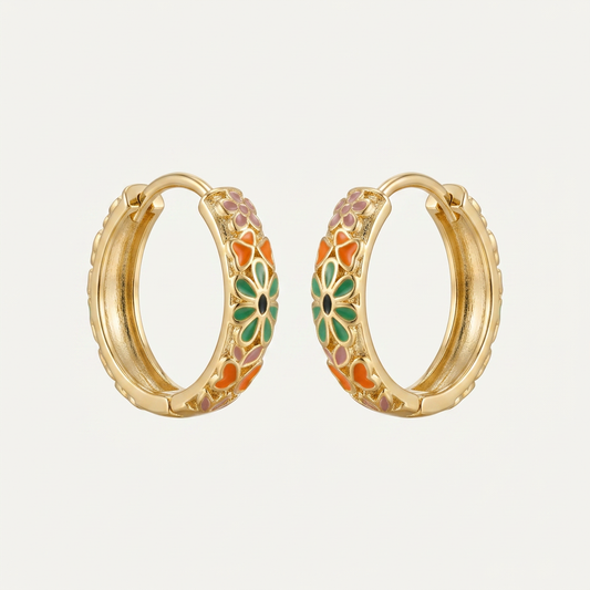 Floral Enamel Huggie Hoop Earrings - Orange - GF