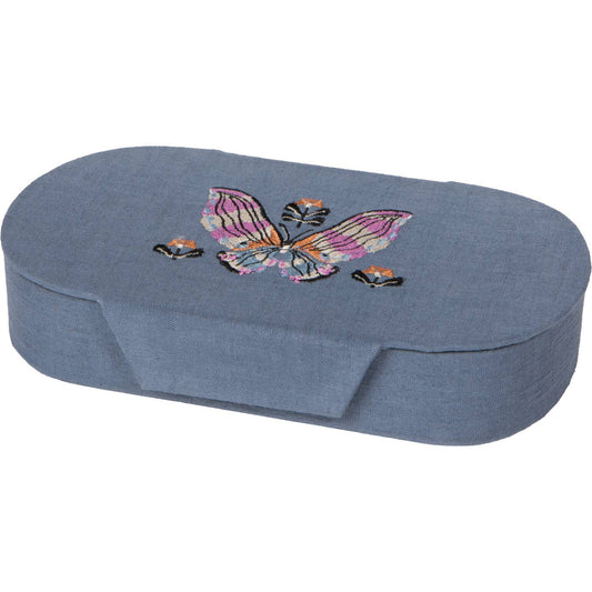 Aurora Embroidered Jewelry Box - Blue/Pink oval powder blue velvet jewelry box with an embroidered butterfly on the lid.