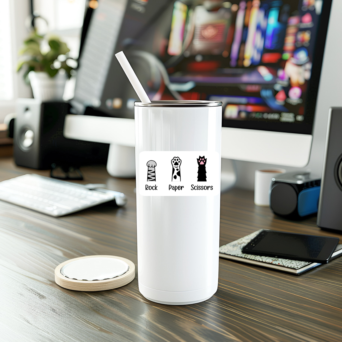 A white tumbler with a straw and a Mystical Monkey Toes Cat Paws Sticker sits on a wooden desk near a computer, phone, and potted plant.