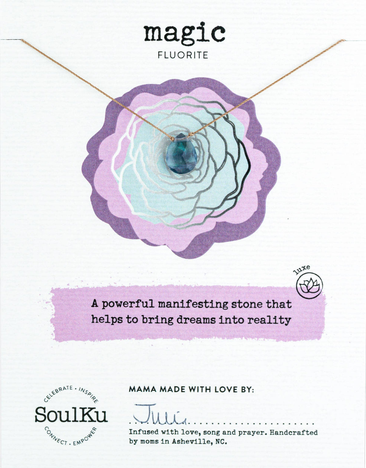 The Fluorite Luxe Necklace for Magic by SoulKu is a handmade purple and blue fluorite necklace, described as a manifesting stone, crafted by moms in Asheville, NC.