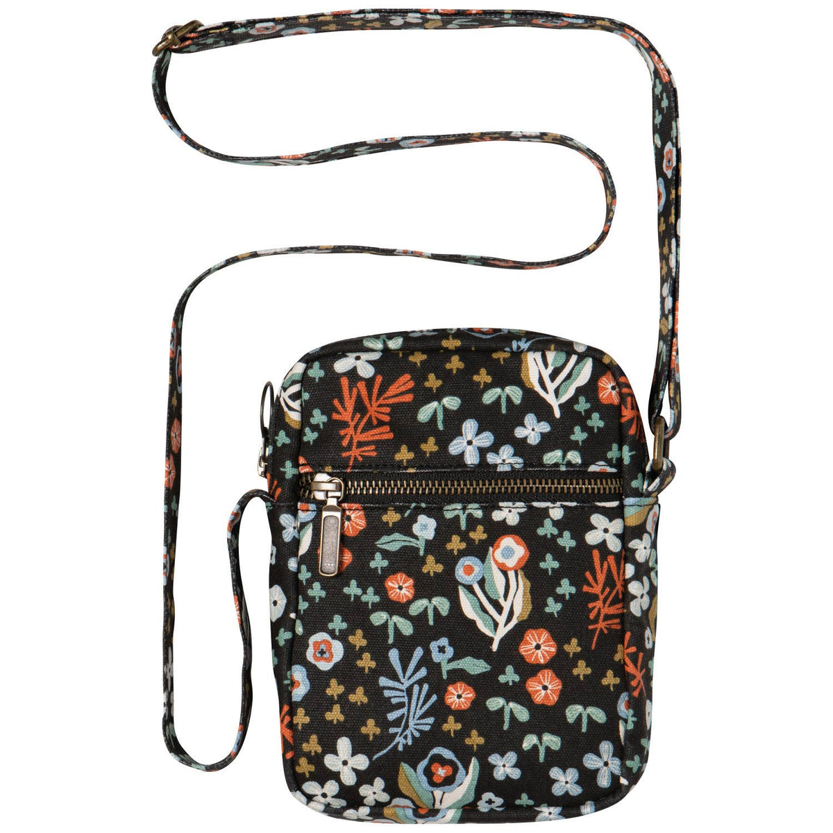 Danica Studio Dogwood Cotton Crossbody Bag in Multi Floral/Black, a black cotton canvas bag featuring a colorful floral pattern and a front zipper pocket.