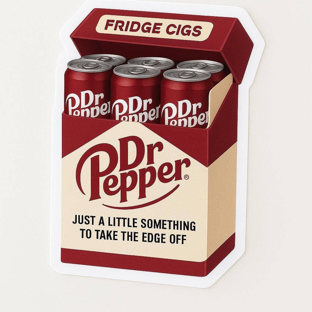 The Dr Pepper Fridge Cigs Sticker by Hello Brand | Sticker My Art features a pack of Dr Pepper cans styled like cigarettes. Durable, weather-resistant vinyl with a matte finish—perfect for taking the edge off.