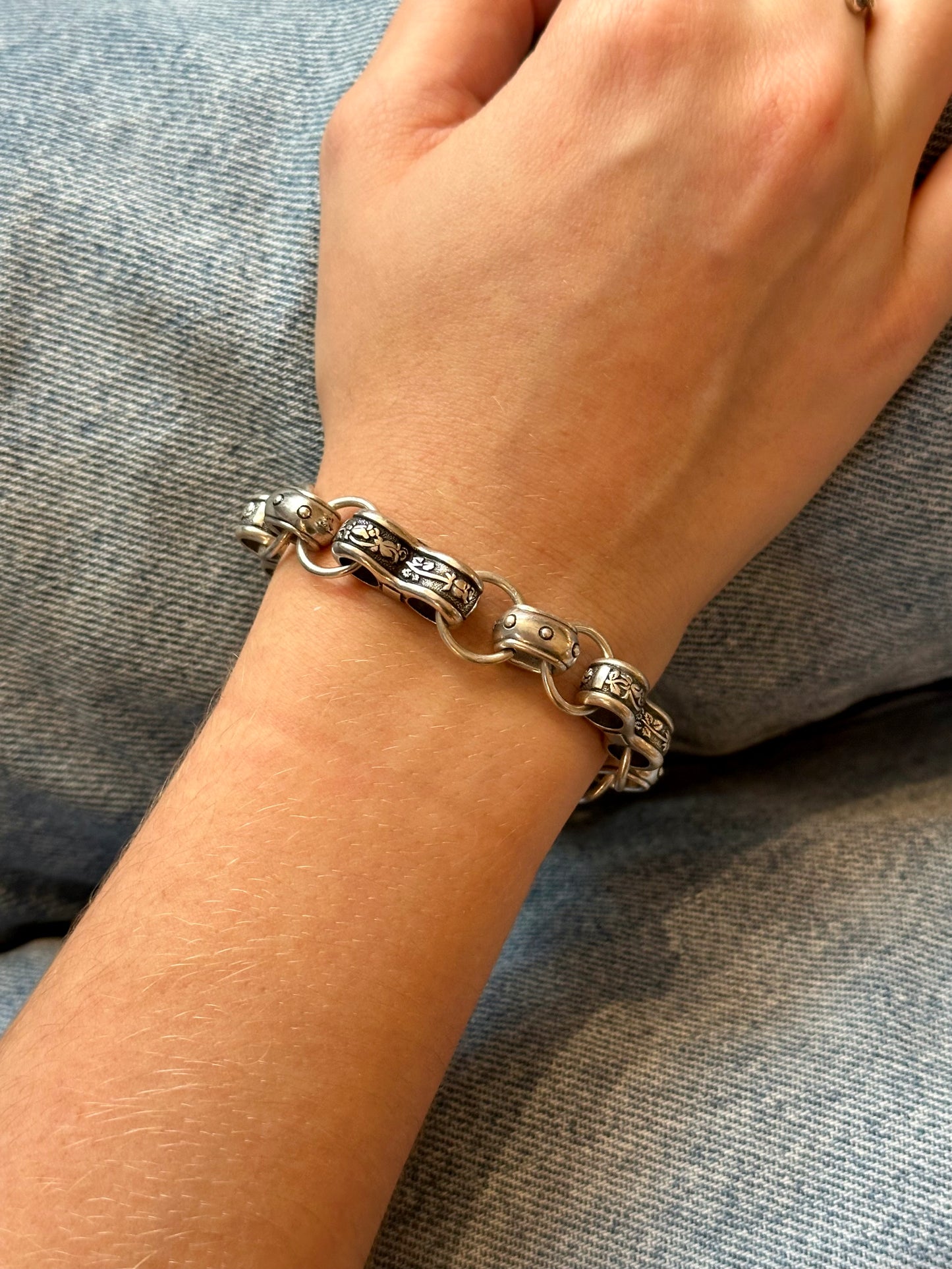 Chunky Silver Floral Links Bracelet