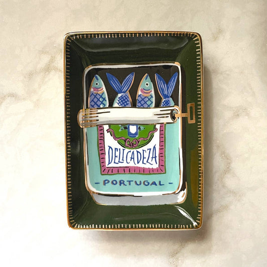 Rectangular dark green Porcelain Trinket Dish - Sardines featuring a painted sardine tin design labeled DELICADEZA - PORTUGAL with gold detailing.