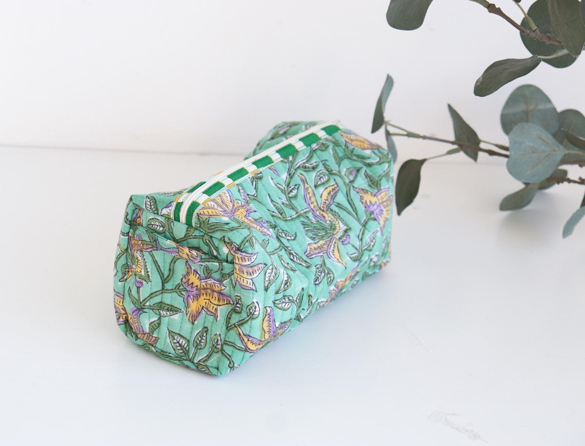 Quilted Block Print Cosmetic Pouch - Green Floral
