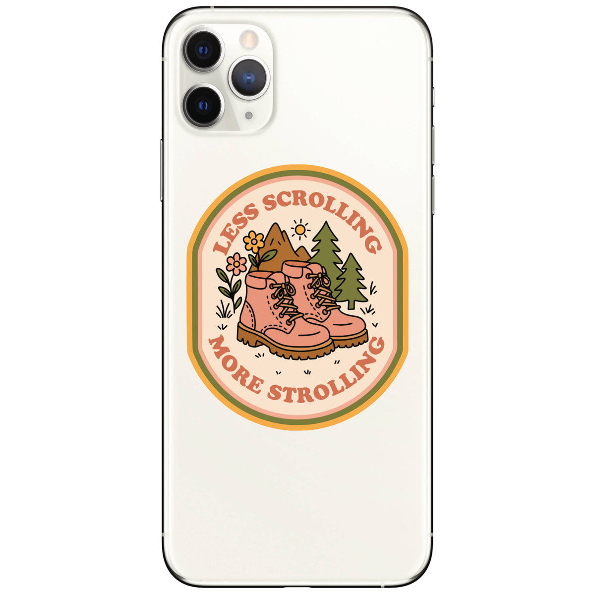 The Less Scrolling, More Strolling Sticker by Juju and Moxie is a 3x2.5″ waterproof vinyl sticker with boots, flowers, trees, sun, and the phrase in a circular badge design.