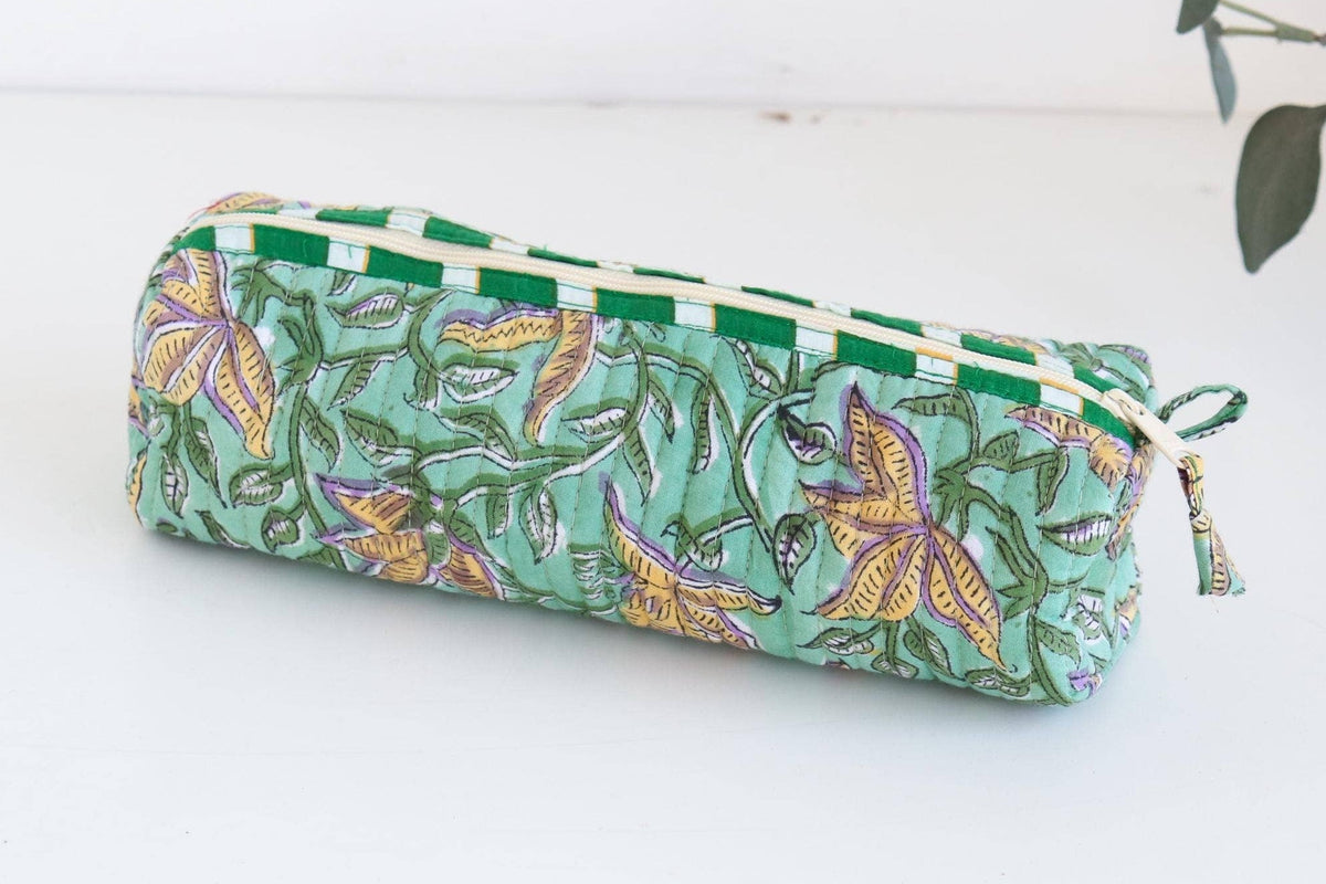 Cotton Block Print Pouch Organizer  - SM - Green Floral